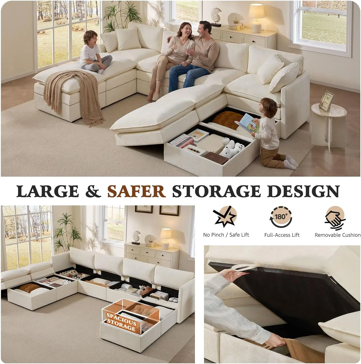 

8-Seater Modular Sofa Bed with Storage, Movable Ottomans, Deep Seat Cloud Couch for Living Room (Beige)