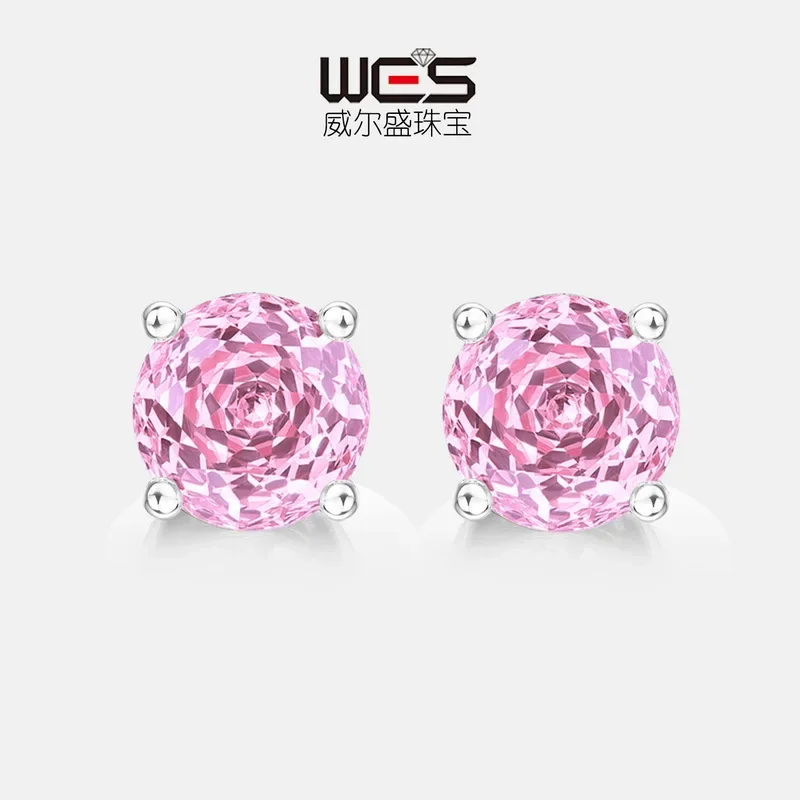 Pendientes de circonio de color con corte rosa brillante, piedra de bebé de color con incrustaciones de oro de 18 quilates, moda de platino PT950