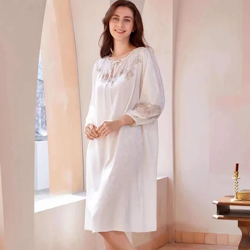 

100% Mulberry Silk Jacquard Nightdress Three-quarter Sleeves Loose Women's Nightgown Round Neck Sweet Princess Home Dress Pajama