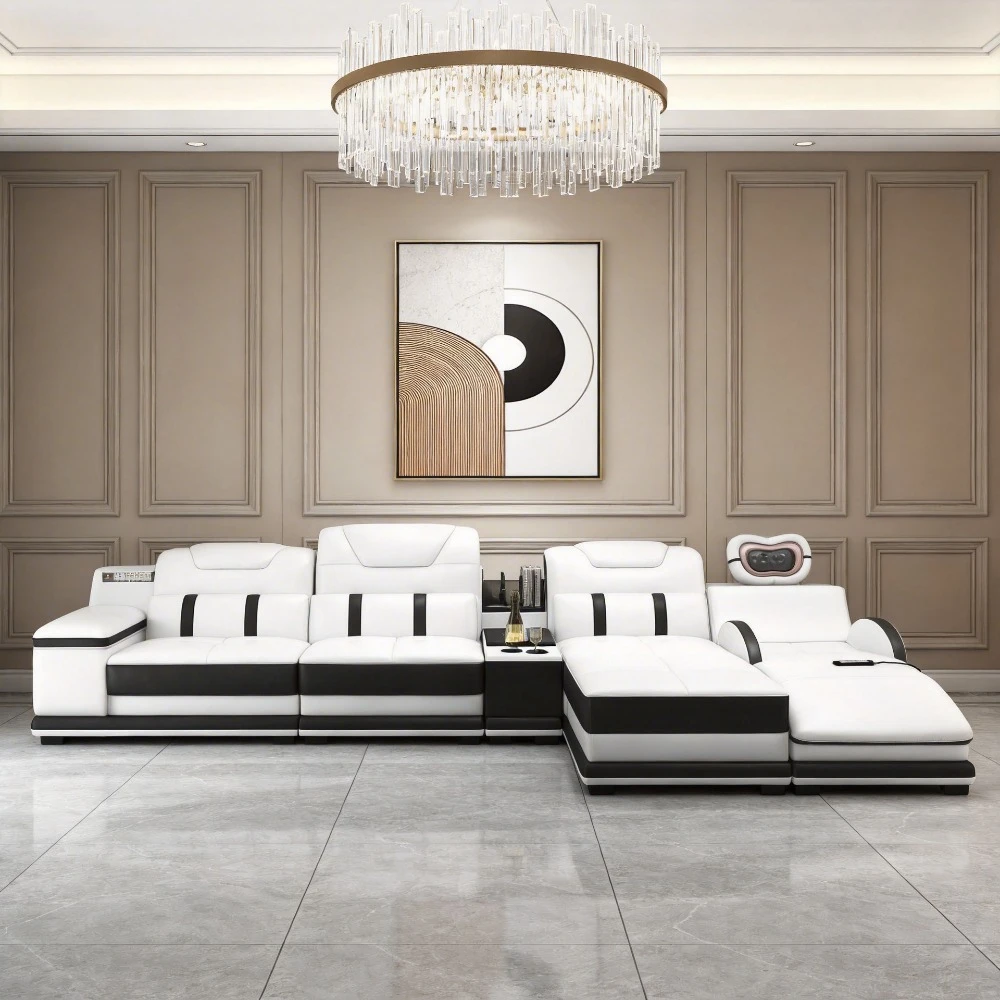 

MINGDIBAO Italian Genuine Leather Sectional Sofa with Bluetooth, Speaker, Functional Headrest, Massage Chaise | Big Corner Couch