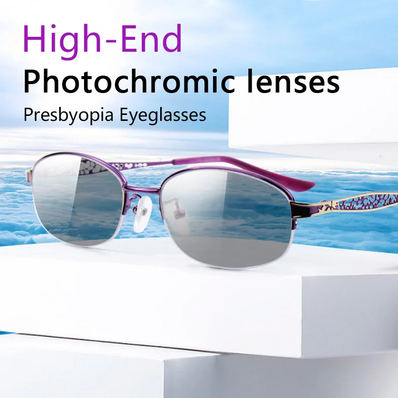 

Photochromic Reading Glasses for Women, Oval Metal Half Frames, Presbyopia Eyeglasses Diopters +0.50 +0.75 +1.0 +1.25 to +4.0