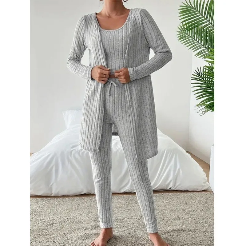 Women's 3-Piece Solid Color Casual Outfit Round Neck Textured Design Modern European  American Home Clothes Sleepwear Nightwear