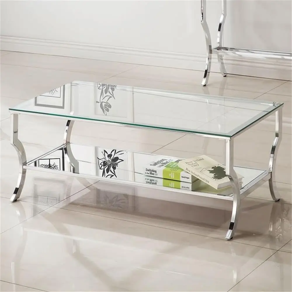 Glass Top Coffee Table Chrome Tempered Glass Metal Frame Mirrored Storage Shelf 47