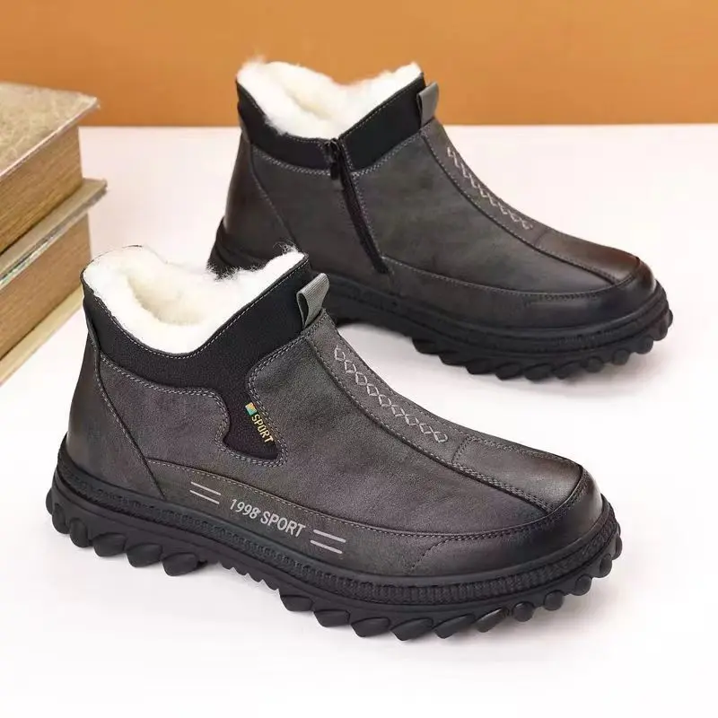 Men's Winter New Style Men's Casual Warm Plush Cotton Shoes High Top Outdoor Cotton Leather Shoes