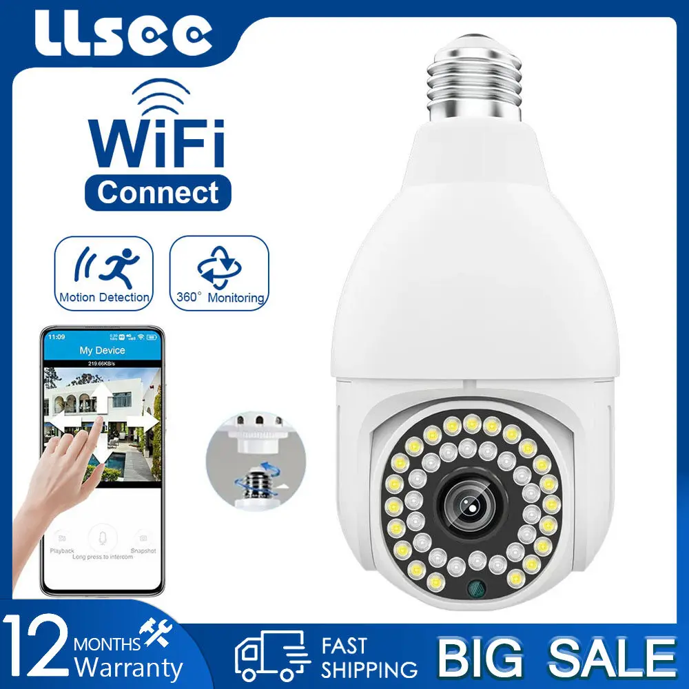 LLSEE IP Camera Home Safety Intelligent Light Rotation Automatic Tracking Panoramic CCTV WIFI Camera Pan Head Bulb Light Camera