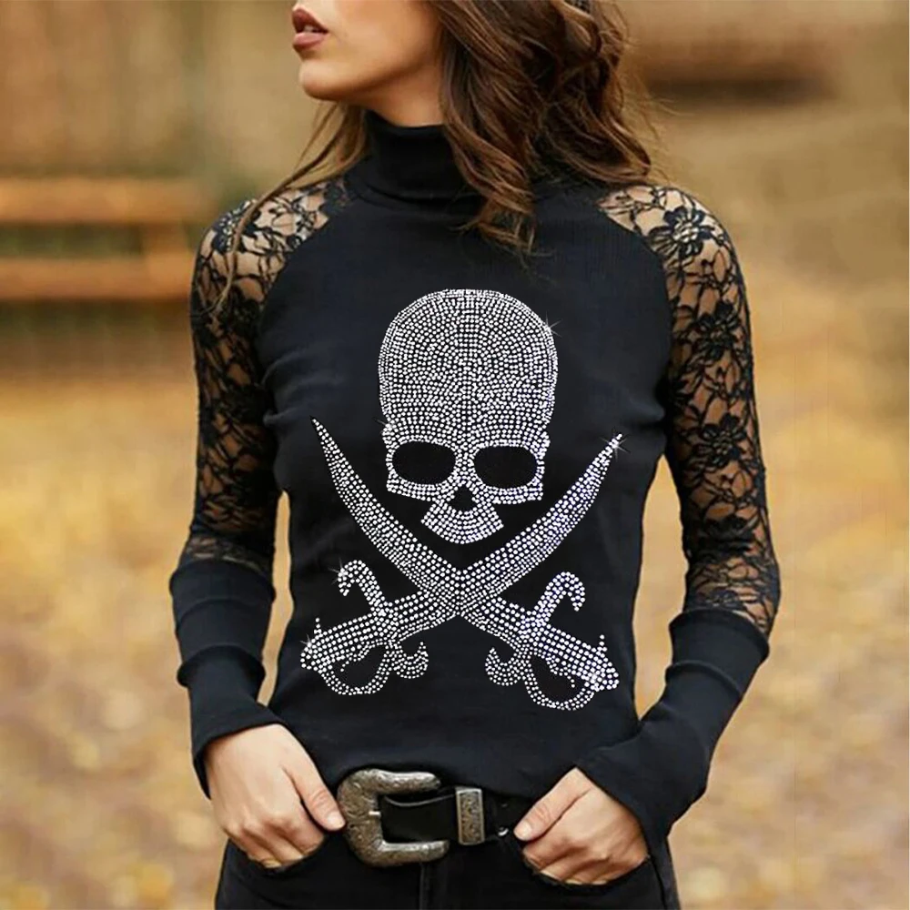 

Fashion Y2k Skull Hot Drill Print Ladies T-Shirt Spring Solid Lace Sexy Women TShirt Gothic Tee Long Sleeve Vintage Clothes Tops