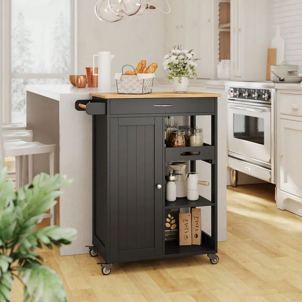 

Kitchen Island Cart With Removable Tray 27.6W Rolling Utility Trolley Cart With Drawer Cabinet Towel Rack Hooks And 3 Open