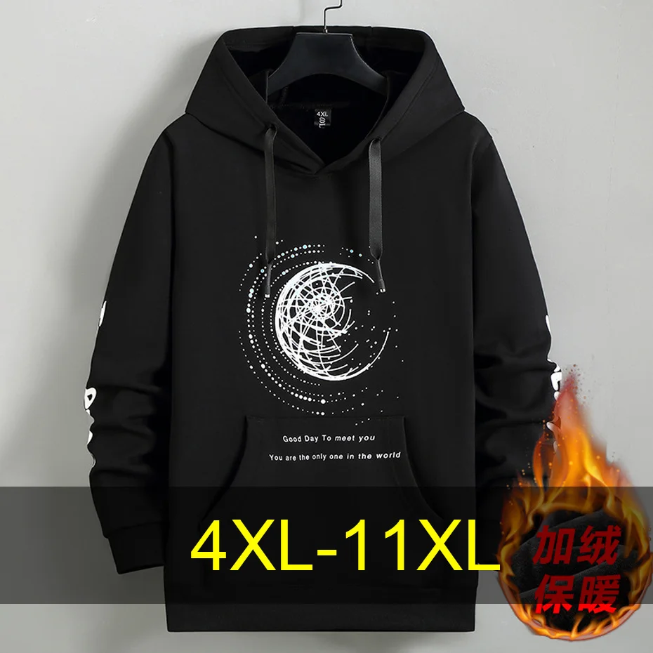 

Autumn Winter Fleece Hoodie Men 10XL 11XL Plus Size Hoodie Fashion Casual Print Hooded Sweatshirts Male Black Hoodie Big Size