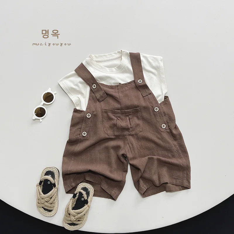 HZMY-Korean Style~Children's Shake Overalls Summer Linen Cotton Baby Boys and Girls Cropped Pants Mori Style Casual Pants