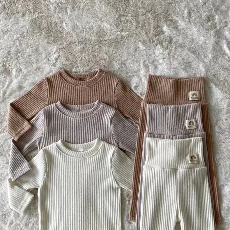 Baby Clothing Kids Casual Korean Style Solid Color Fashion Simple Home Wear Boys and Girls Spring and Autumn Two Piece Set