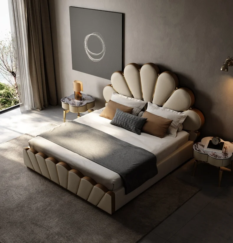 ！@Luxury Shells Design King Bed Modern High Quality Up-holstered Beds Bedroom Furniture Soft Wooden Frame Queen Stainless Steel