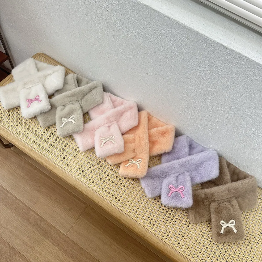 Cute Solid Color Bowknot Scarf Casual Korean Style Kids Plush Scarf Warm Windproof Anti-Cold Neckerchief Girls