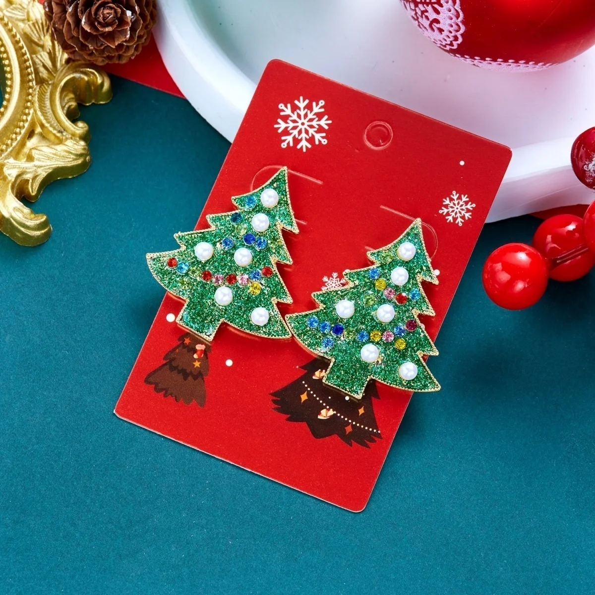 Bunte Strass-Ohrringe mit grüner Emaille, Weihnachtsbaum-Ohrstecker für Frauen, künstliche Perlen, Weihnachtsbaum-Ohrringe, Neujahrsparty-Schmuck – Detail 25