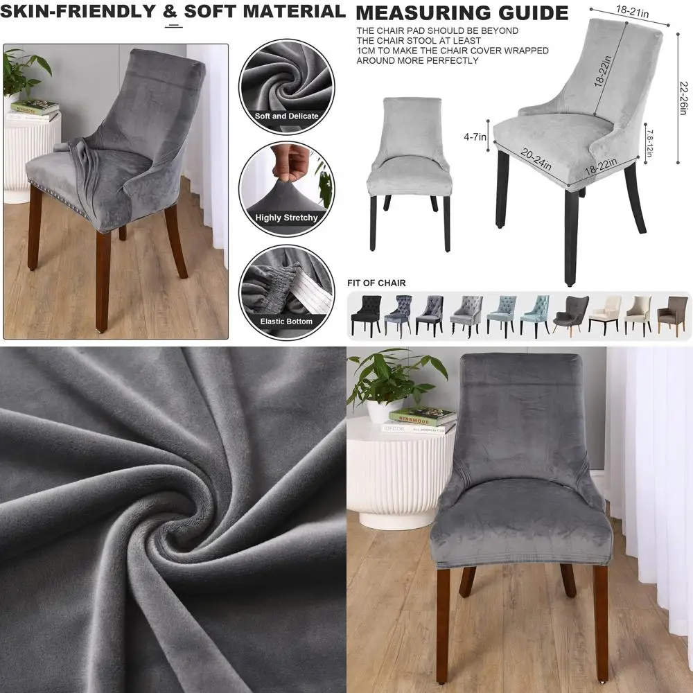 

Stretchy Washable Velvet Wingback Chair Slipcovers for Dining & Banquet Rooms (Set of 4, Dark Grey)