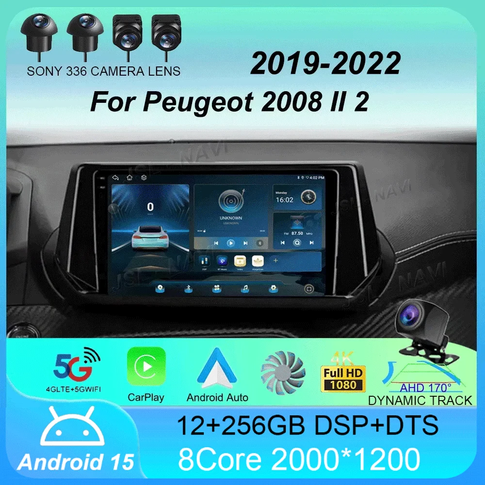 

Car Radio Android 15 Carplay Auto For Peugeot 2008 II 2 2019 2020 2021 GPS Multimedia Player Stereo 360 Camera video 4G+WiFi DSP