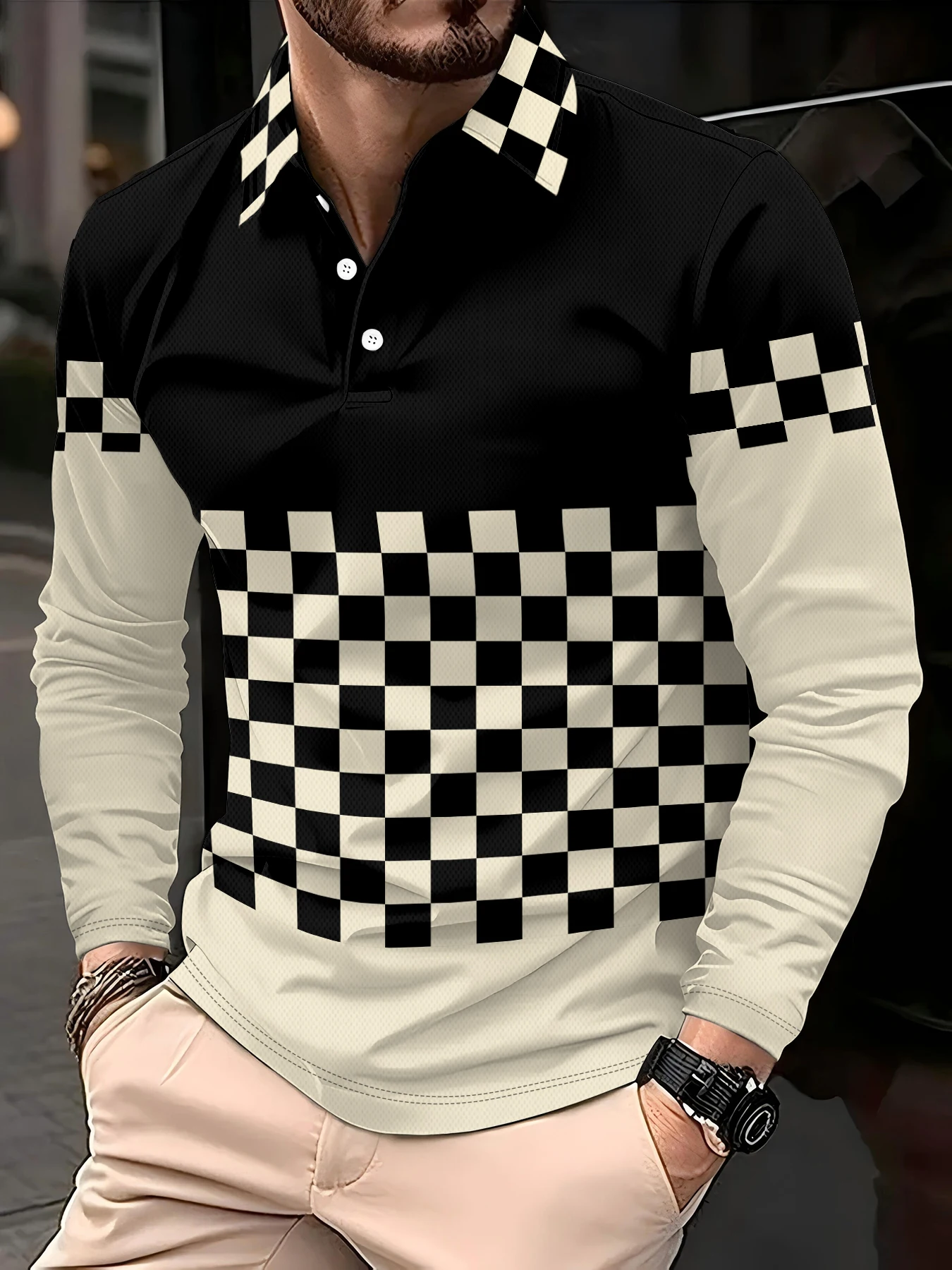 Men's Simple Check 3D Printed Button Polo Shirt for Autumn/Winter - Daily Streetwear for Males