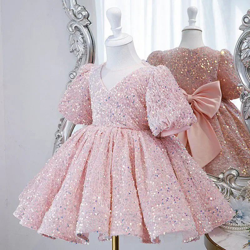 Elegant Tulle Ball Gown Wedding Party Kids Dresses for Girls Birthday Fashion Girl Sequined Princess Dress Child Clothes