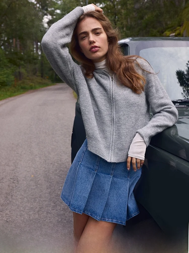 

H&M Women's Long Sve Knitted Cardigan Spring Loose Full Zipper Hooded Open Front Coat Casual Sle Wool Blend Polyester