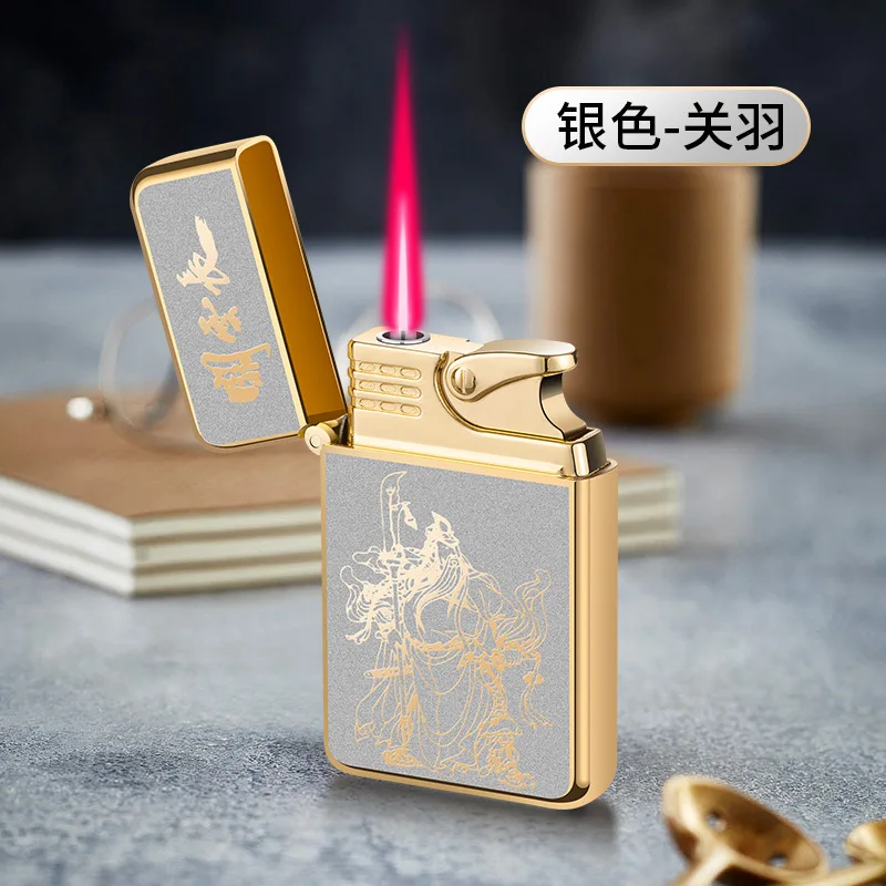 Ultra-thin Exquisite Pattern Red Flame Gas Lighter Metal Material Windproof Direct Injection Red Flame Cigarette Lighter