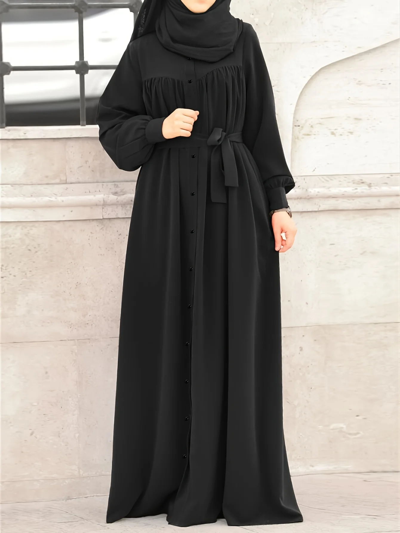 Middle East solid color chest buttons ladies fashion robe dress vica orientation