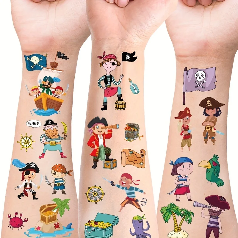 12 Sheets Pirate Temporary Tattoos Stickers, With Cute Cartoon Neverland Pirated Cannon Powder Jake Captain, Waterproof Body