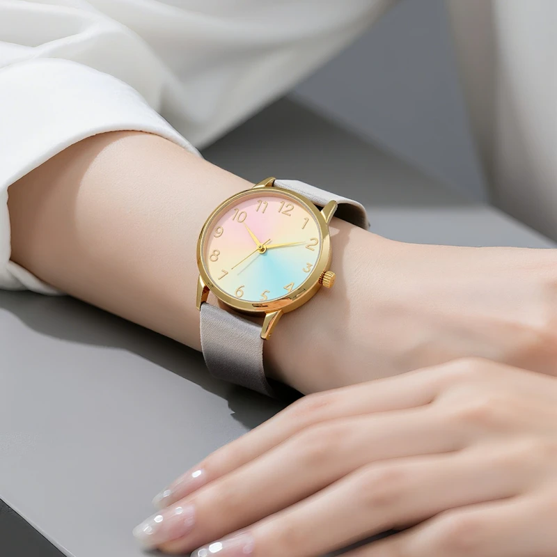 

Повседневные радужные женские часы, модный кожаный ремешок, кварцевые часы с арабским циферблатом, женские наручные часы Relogio Feminino Часы Женские