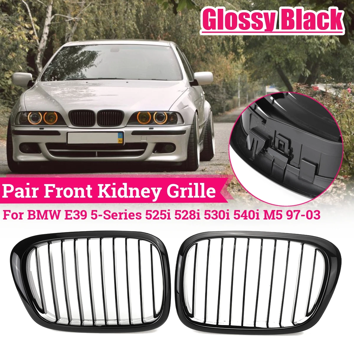 Glänzend schwarzer vorderer Nierengitter, Haubengrill für BMW E39 5er, 525i, 528i, 530i, 540i, M5, 1999–2003, einzelner Lamellen-Renngitter