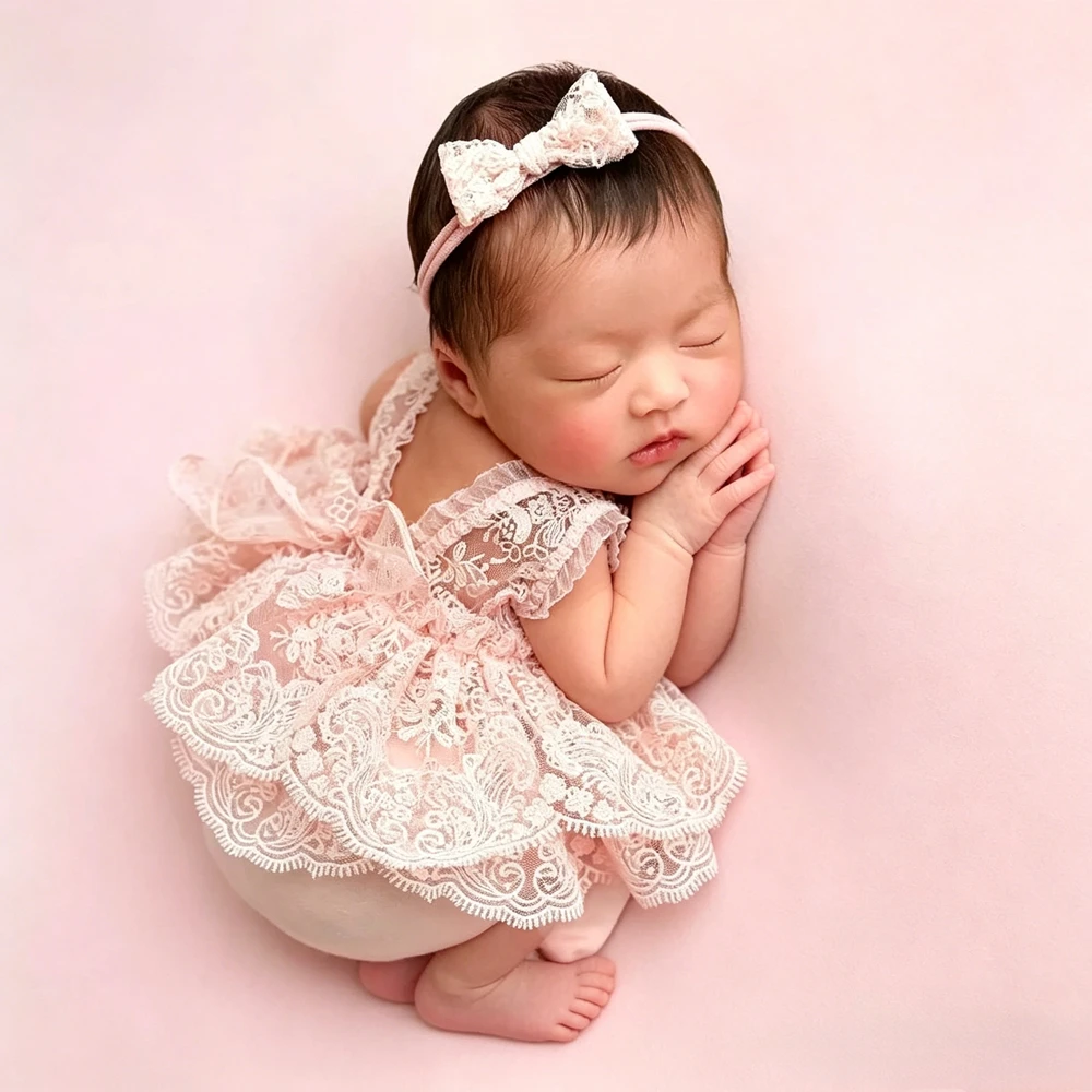 Newborn Photography Props Girl Pink Lace Romper Infant Photoshoot Clothing Baby Backless Princess Outfit Studio Posing Costume