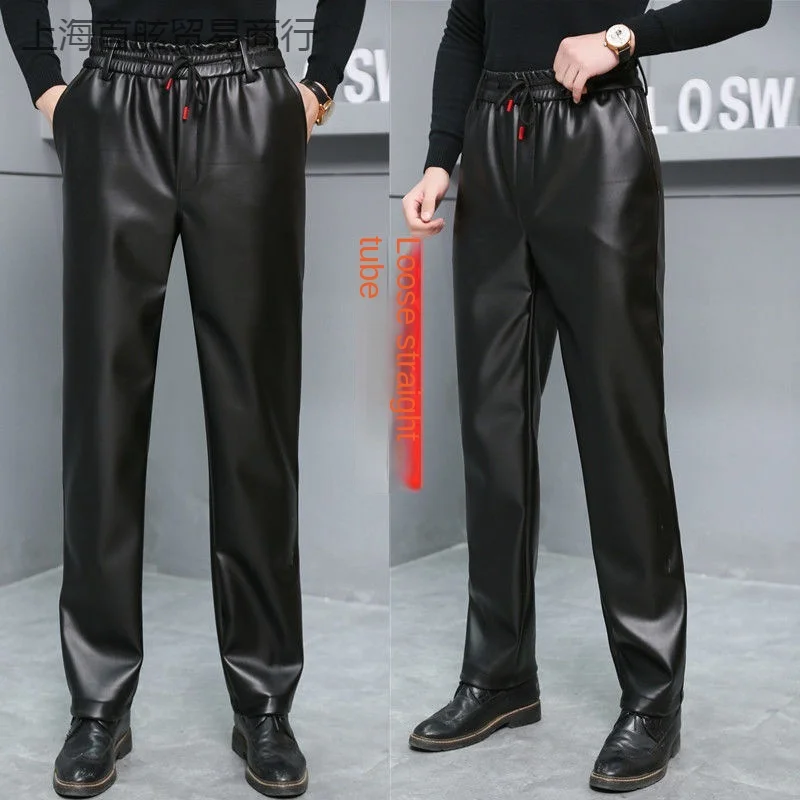 Leather Pants Men's Waterproof Soft Leather with Wool Thickened Autumn and Winter Straight Loose Fur One Men Leather Pants