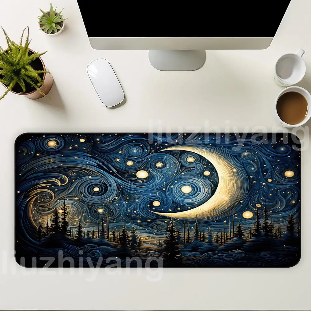 แผ่นรองเมาส์ลาย Starry Night ขนาดใหญ่ สำหรับคอมพิวเตอร์ สำนักงาน เล่นเกม แผ่นรองโต๊ะ XXL ยางกันลื่น ขอบเย็บ แผ่นรองคีย์บอร์ด แผ่นรองโต๊ะยาว