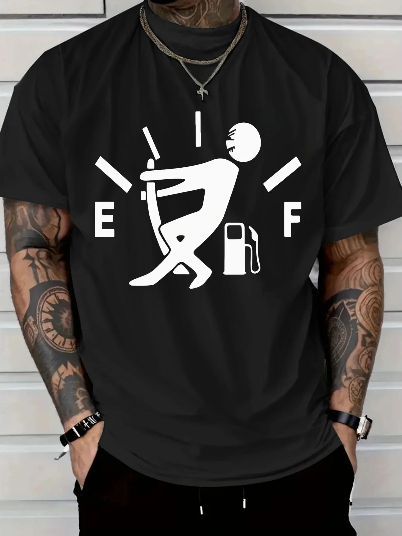2025 Men'S New Pure Cotton T-shirt Creative Fuel Gauge Running Man Design Comfortable and Stylish Ideal for Daily Wear