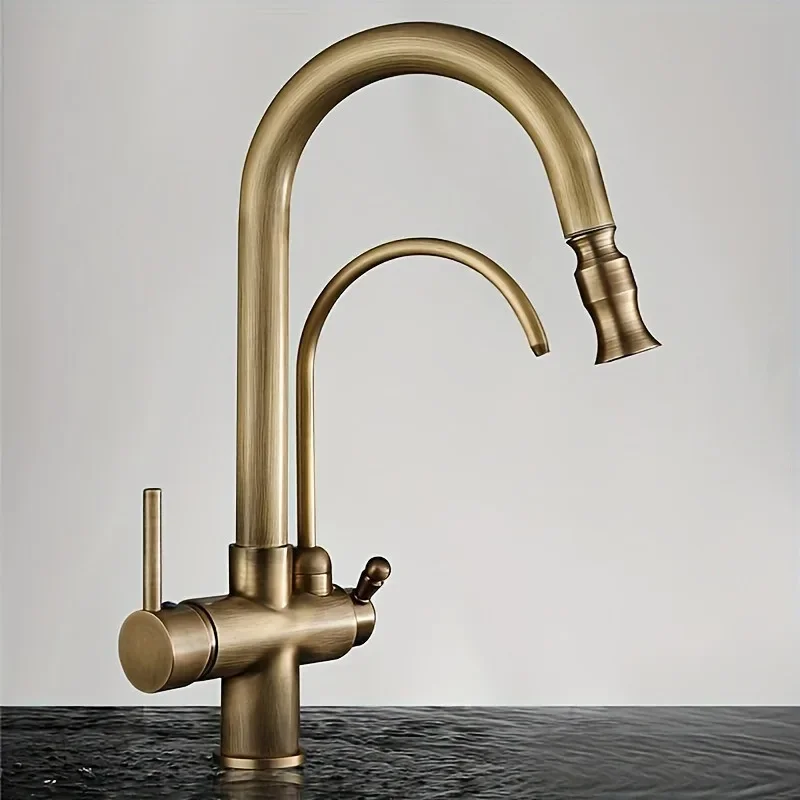 Brushed Gold 3 Way Kitchen Tap Pull Out Spray, Hot Cold Mixer Tap with Drinking Water Filter, Pull Down Sprayer Sink Faucet