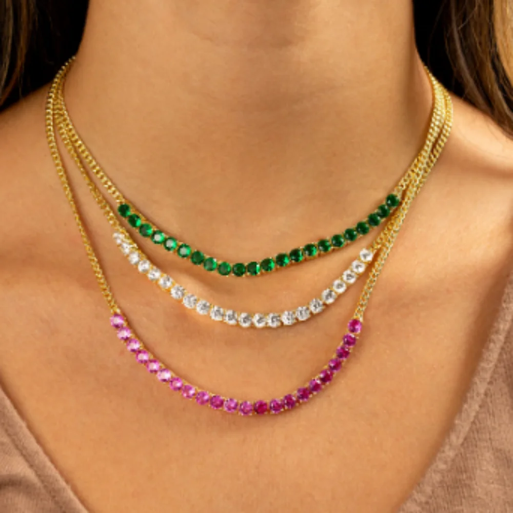 Colorful Elegant Cuban Links Red Blue Green White Cubic Zirconia Tennis Chain 2024 New Women Choker Necklaces Wedding Jewelry