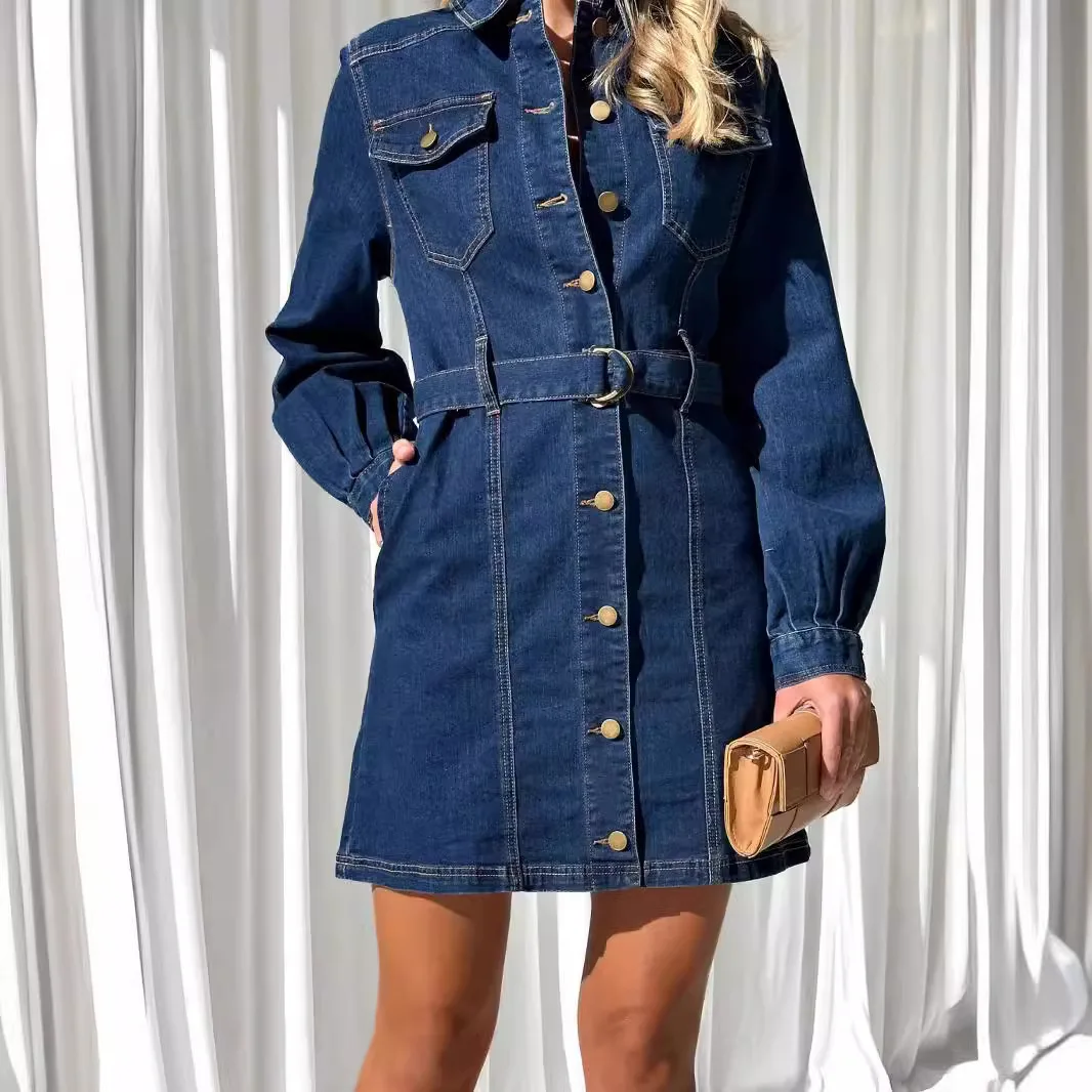 Streetwear Denim Kleid Frauen Vestidos Einreiher Drehen Unten Kragen 2024 Herbst Vintage Kleider Enge Taille Schärpen EINE Linie