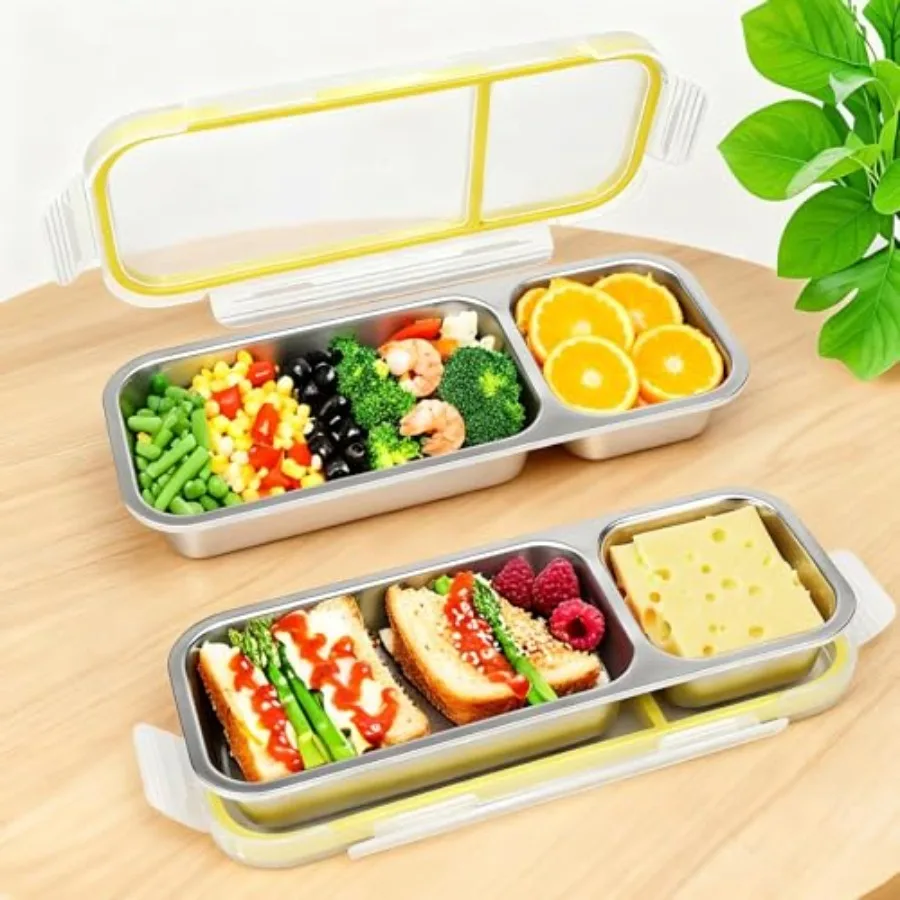 2 Compartment Snack Containers with Lids, Set of 2 Stainless Steel Snackle Box, Leakproof, Airtight, Reusable Bento Box, Food S