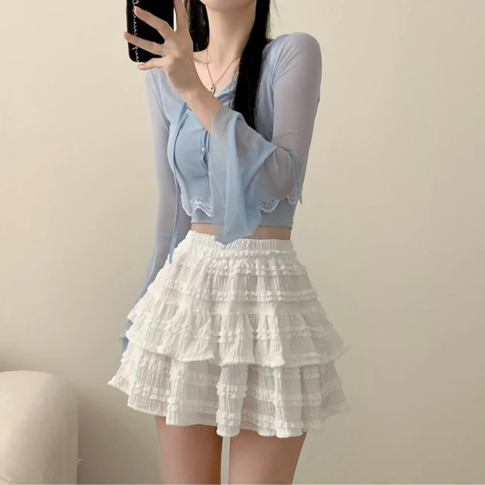

2026 Summer New Style Sweet Ballet Lace Trim Cake Skirt High Waist Half Body Puffy Short Skirt Women's Fashion Polyester Fiber