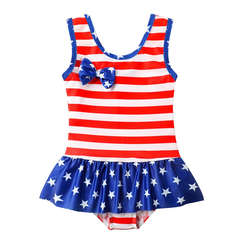 America Flag Baby Girl One-Piece Swimsuit 5-6 Years Old Flouncing Lace Swimwear Toddler Bathing Suit Beachwear Swimming