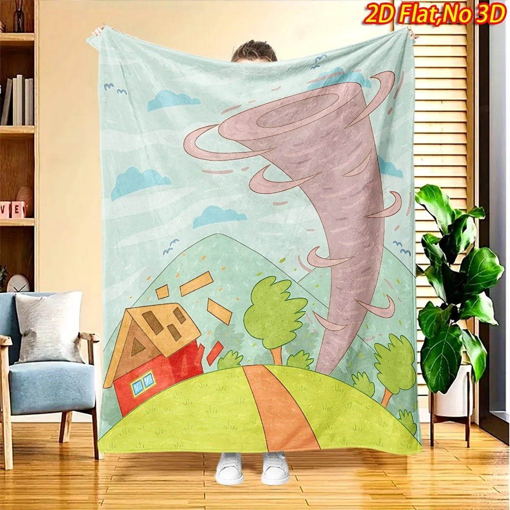 Cartoon Tornado Storm Broken House Hill Tree Sky Cloud Flannel Throw Blanket, Soft Warm Sofa Cover, Weather Theme Kids Bedroom