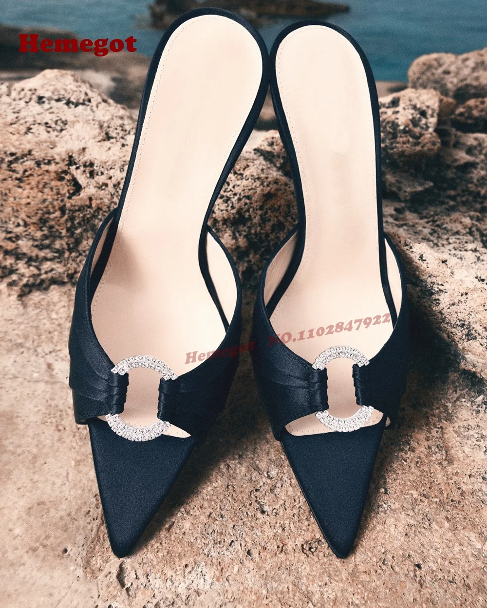 

Black Ring Crystals Stiletto Slippers Satin Open Toe Slip On Splicing Women's Slippers Pleated Thin Heels Runway Shoes Outside
