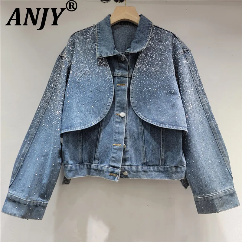 ANJY 2025 خريف جديد إمرأة قصير مستقيم كم طويل صدرية قطعتين الدنيم سترة موضة الماس مزين لامعة A15508 #1