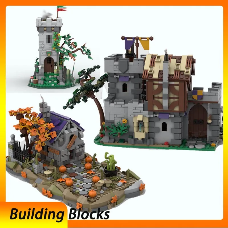 

Small particle building blocks MOC-180928 medieval village river port 118096 Halloween witch house 177729 watchtower toy ornamen