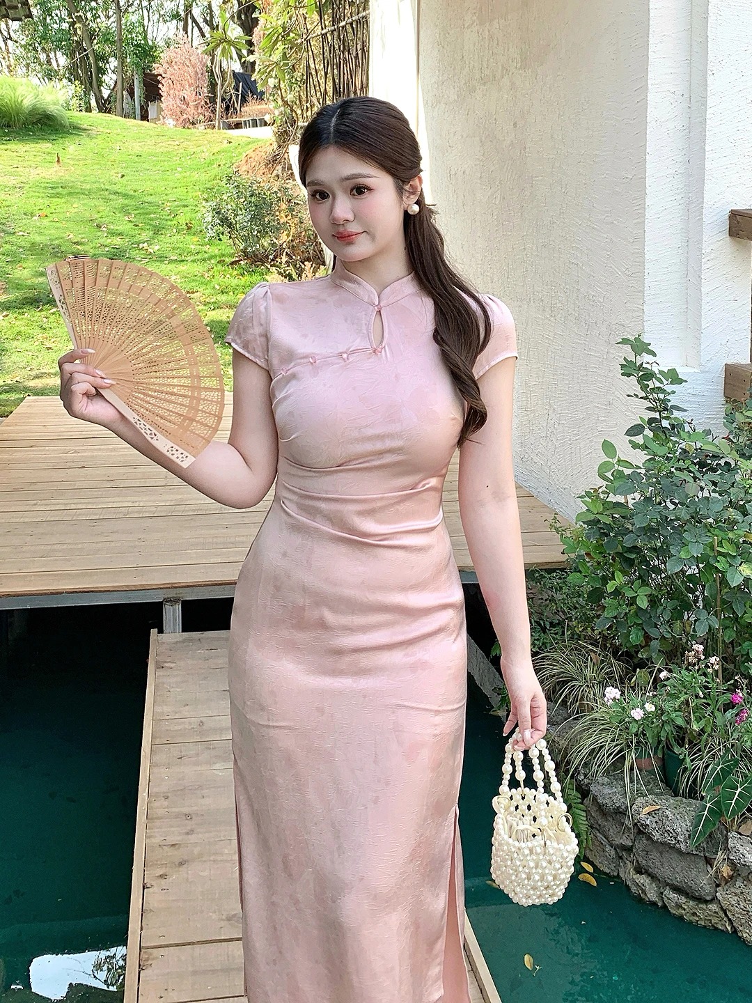 

New Chinese Style plus Size Women's Dress Pink Satin Short Sleeve Print Qipao Modification High Waist Zipper Back