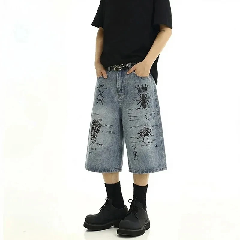 

Мужские джинсовые шорты в стиле стритвир с принтом насекомых, выстиранные, синие, свободного кроя, до колена, повседневные, винтажные, Y2K, летние