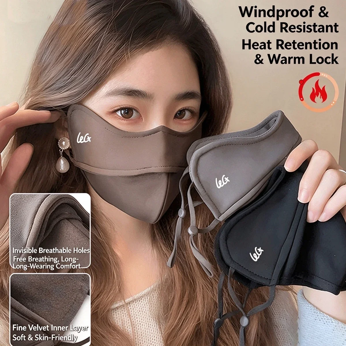 Comfortable and Fashionable Lady Mask - Windproof, Thick 3D Warmth, with Ear Hooks, Machine Washable
