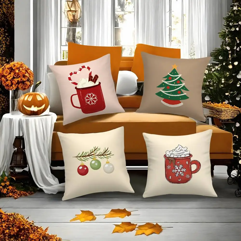 Weihnachtsmütze und Bälle Kissenbezug Kurzer Plüsch Doppelseitiger Druck Quadratische Dekokissenbezüge Sofa Home Kissen Dekor