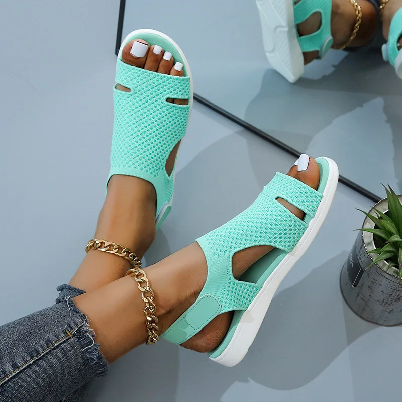 

Women's Knit Flat Open Toe Sandals Breathable Adjustable Strap Lightweight Casual Sporty Summer Shoes 2026 New Arrival