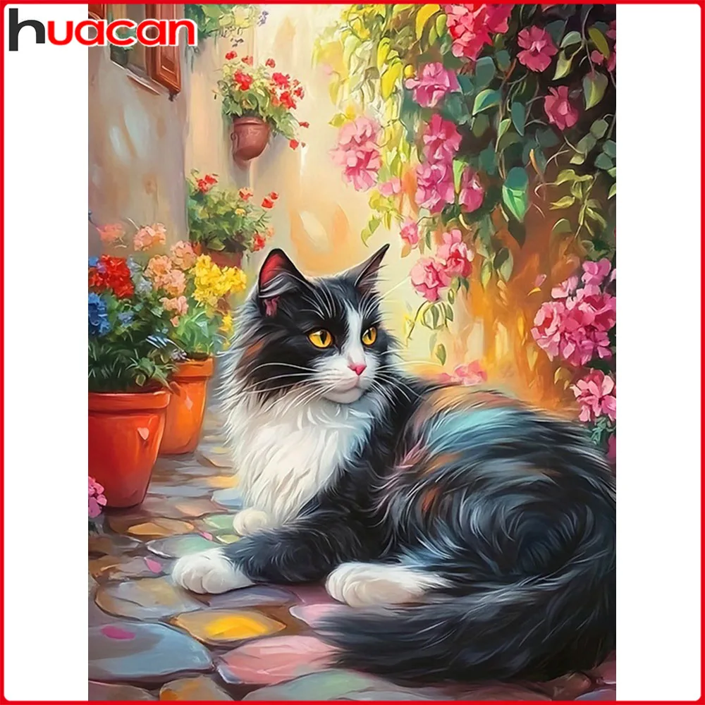 Huacan DIY Diamantmalerei Katze Blume Diamant-Mosaik Tier Komplettset Dekorative Gemälde