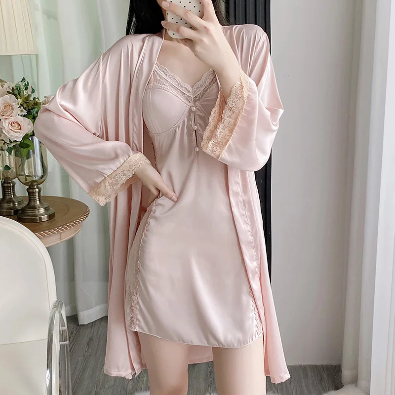 Tweedelige set satijnen zijden pyjama's voor dames effen kleur kanten rand sexy gewaden jarretel nachtkleding jurk