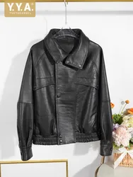 Women Genuine Leather Jacket Loose Fit Single Breasted Design Motorcycle Coat Spring Autumn Punk Real Sheepskin Jacket Female