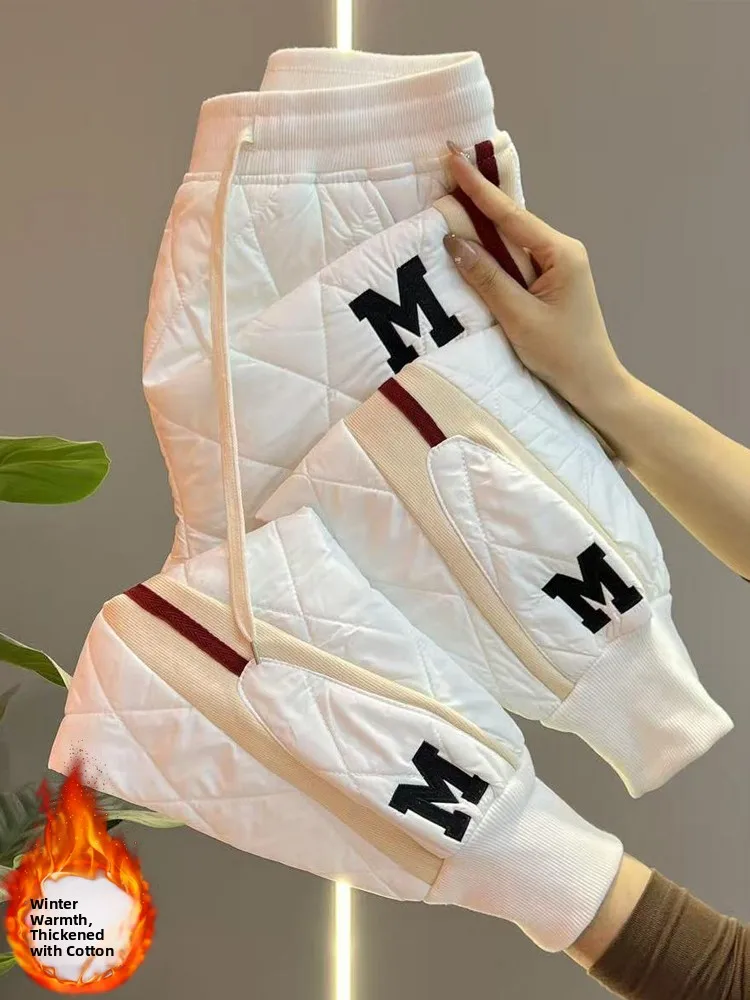 

Женские утепленные хлопковые брюки с высокой талией, новые зимние повседневные свободные облегающие теплые брюки-харланы, длинные брюки-клеш